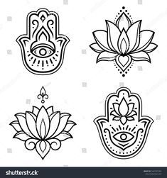 four hand drawn symbols with lotus and hamsah on white background stock photo royalty