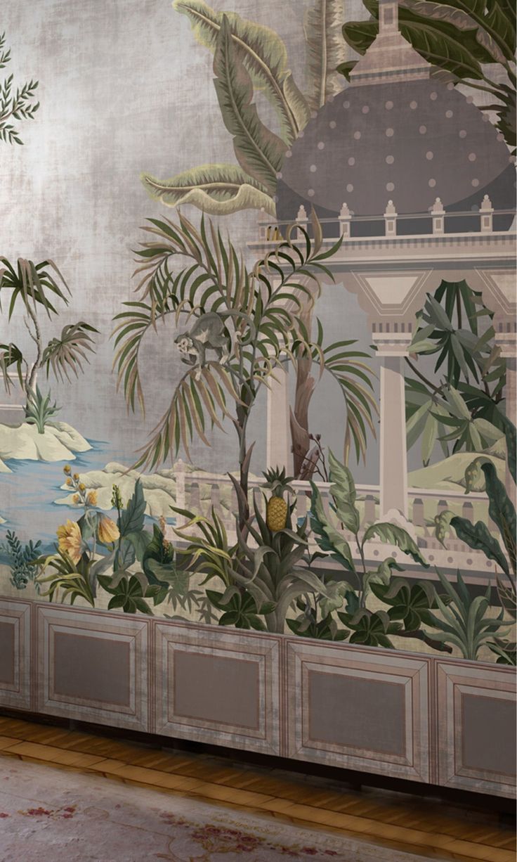 a large mural on the side of a building with palm trees and flowers in front of it