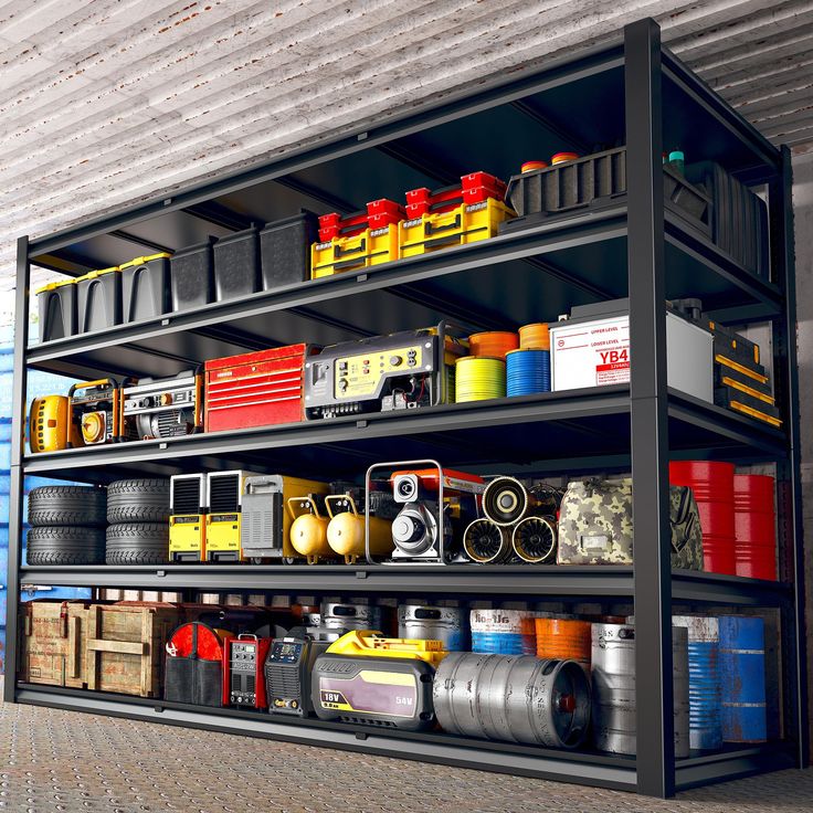 a large metal shelf filled with lots of different types of cans and other items on top of it