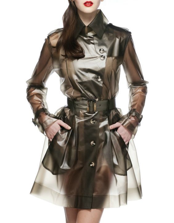 Smokey grey transparent vinyl coat with epaulettes and belt.. DIY the look yourself: http://mjtrends.com/pins.php?name=smokey-grey-vinyl-for-coat Designer Raincoats, Green Raincoat, Plastic Raincoat, Pvc Raincoat, Rain Coats, White Ash, Raincoats For Women, Ventilation System, Rain Coat