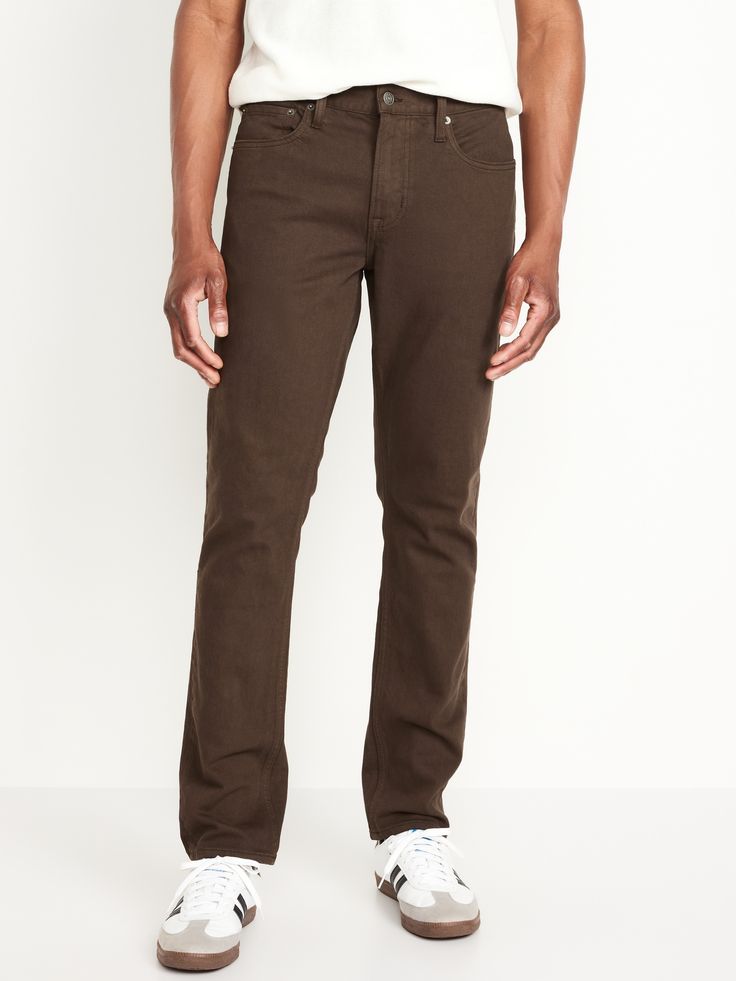 button front belt loops zip fly front scoop pockets and coin pocket back patch pockets sits at waist slim thigh and leg model is approx.  6'1" and wears size 32w x 32lmachine wash according to the care instruction label Brown Pants Groomsmen, Mens Brown Jeans, Brown Straight Pants With Five Pockets, Brown Straight Bottoms With Five Pockets, Casual Brown Jeans With Straight Hem, Brown Straight Bottoms With Pockets, Brown Tapered Leg Jeans With Welt Pockets, Classic Jeans With 5-inch Inseam, Casual Brown Straight Jeans