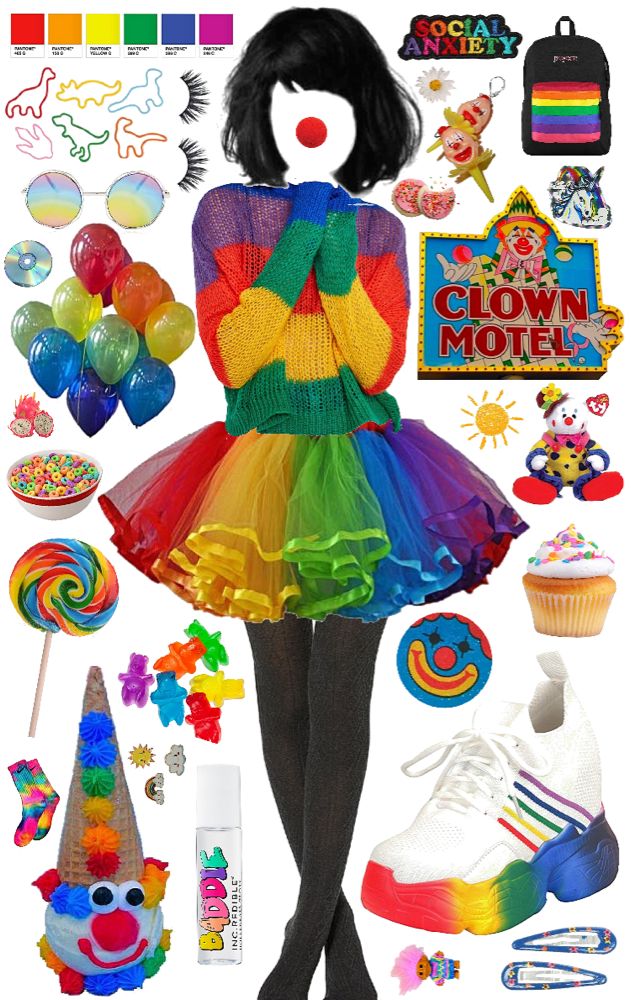 a woman in a clown costume surrounded by other items