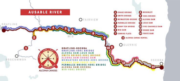 a map of the ausable river and surrounding towns in red, green, yellow, blue, and white