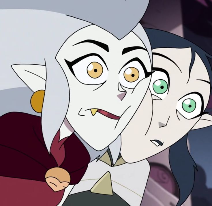 an animated image of two people, one with green eyes and the other with white hair