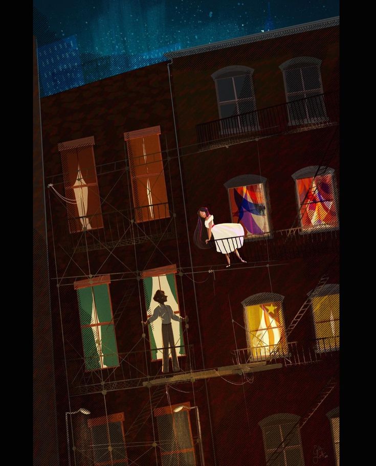 people are standing on the windows of an apartment building at night