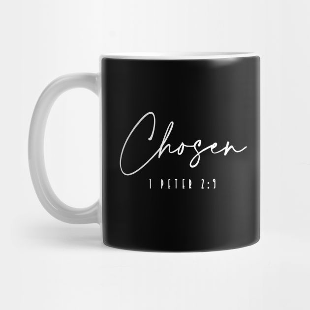 a black and white coffee mug with the word chosen written in cursive writing