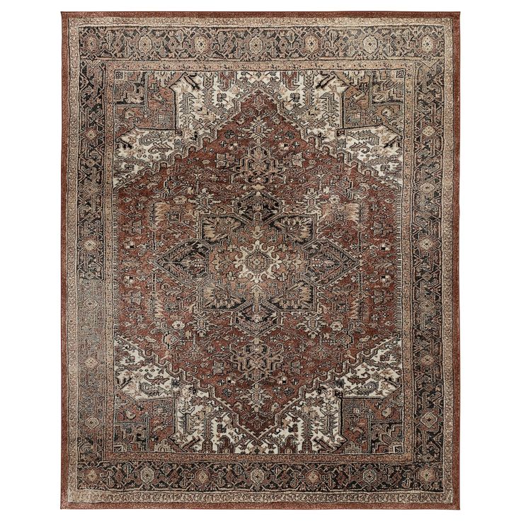 an antique persian rug with brown and beige colors, on a white background is shown