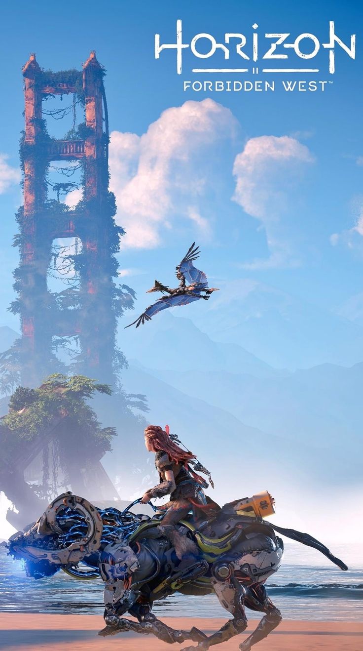 the video game horizon features an image of a man riding a horse and flying birds