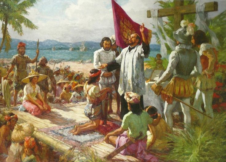 a painting of people on the beach with one person holding a red flag and others standing around