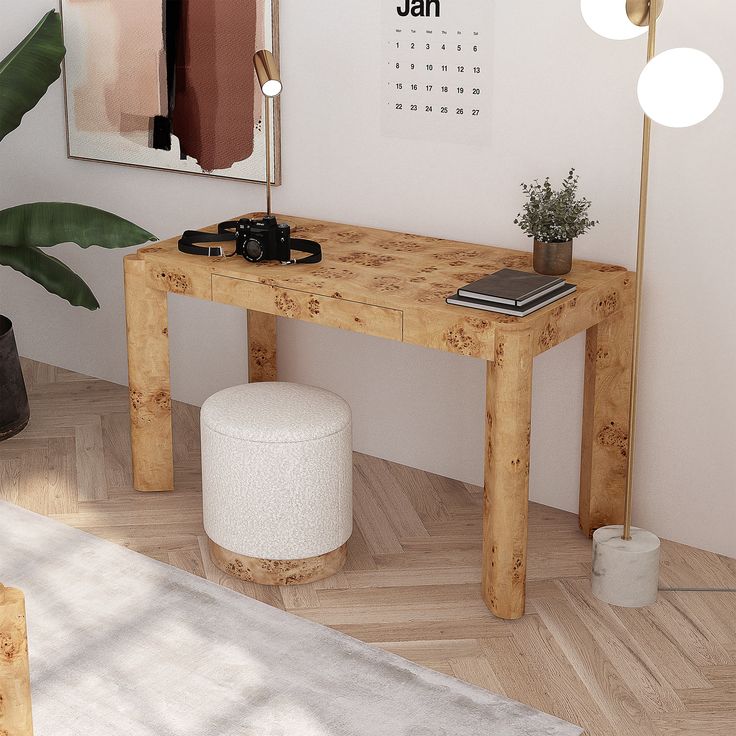 a wooden table sitting in the middle of a living room next to a white rug