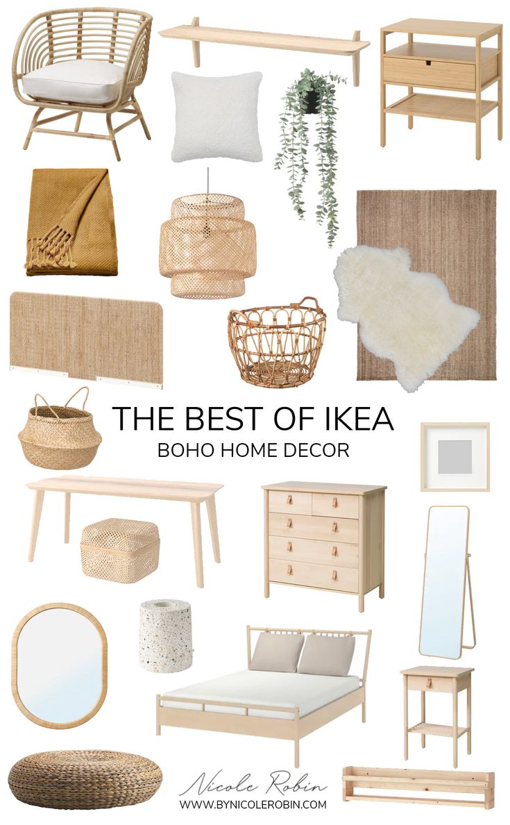 the best of ikea boho home decor in white and natural wood with text overlay