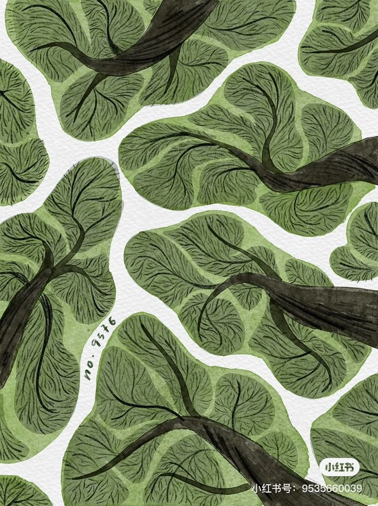 an illustration of trees with green leaves on them