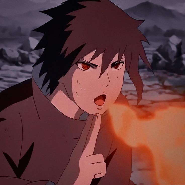 an anime character pointing to the side with his index finger in front of fire and mountains behind him