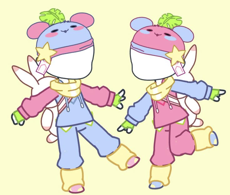 two cartoon characters are holding hands and wearing winter clothes with stars on their heads,