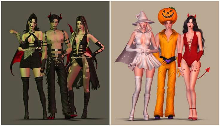 three different poses of women dressed in halloween costumes