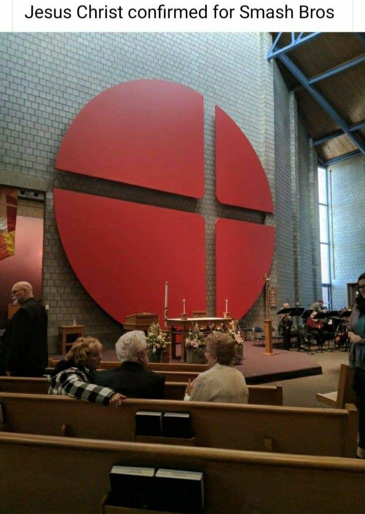 people sitting in pews at a church with the words jesus christ confined for smash bros