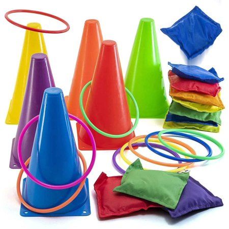 an assortment of colorful plastic cones and rings