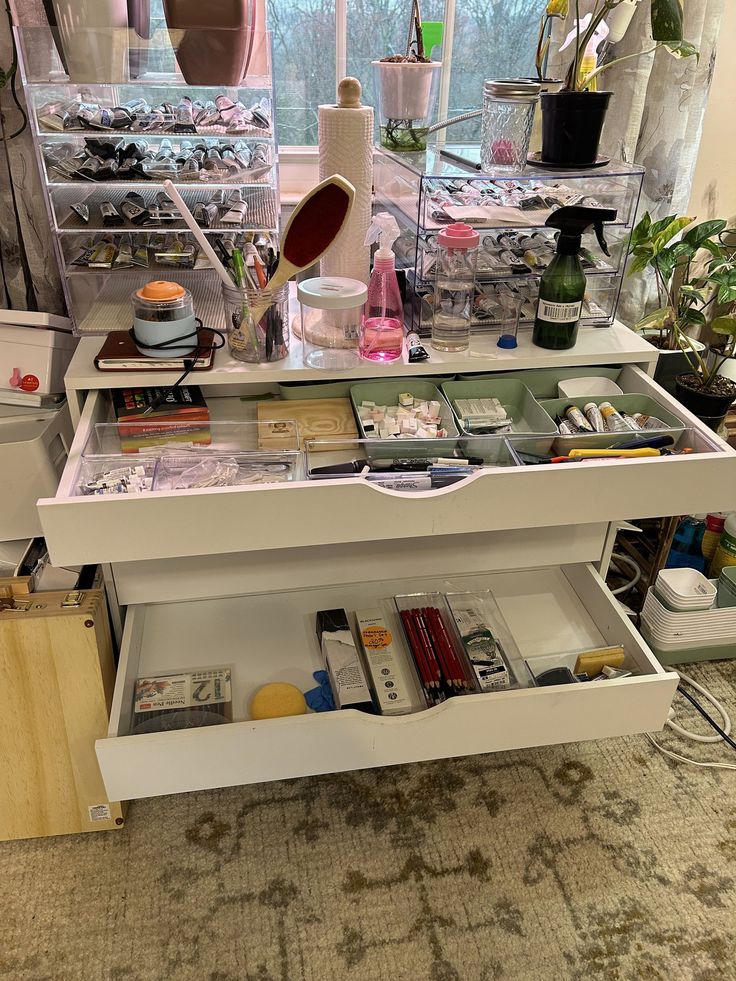 an open drawer in the middle of a room filled with plants and other things on display