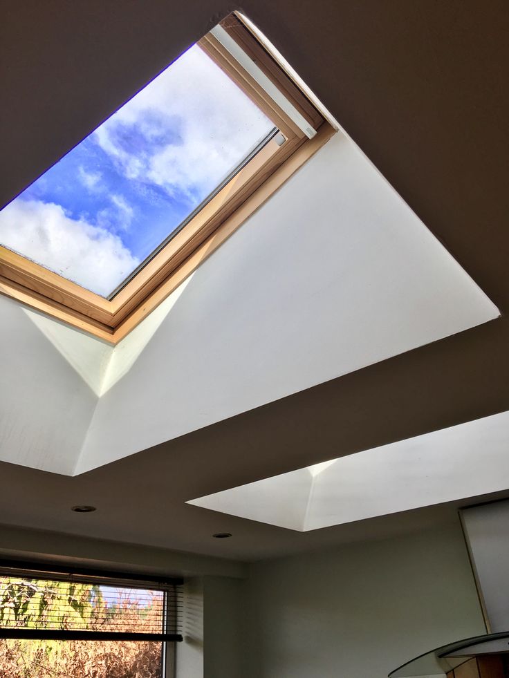 a room with a skylight in the ceiling