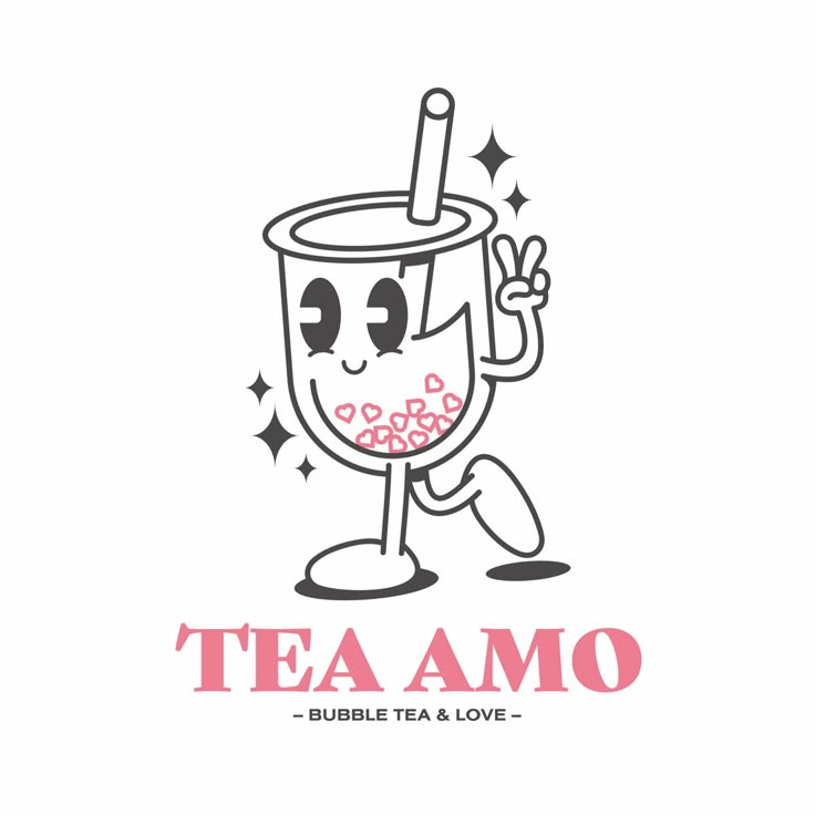 the logo for tea amo with a cartoon character holding up a wine glass and smiling