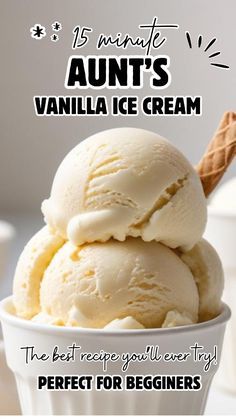 an ice cream advertisement with three scoops of vanilla ice cream