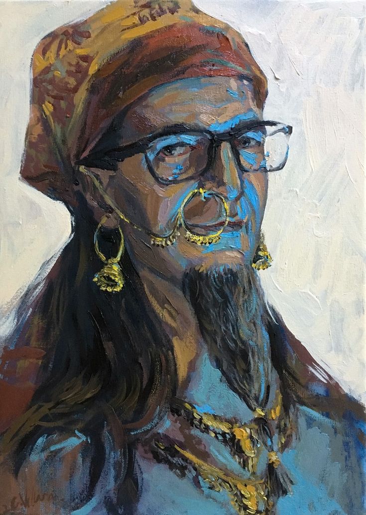 an oil painting of a man with glasses and a beard wearing gold earrings