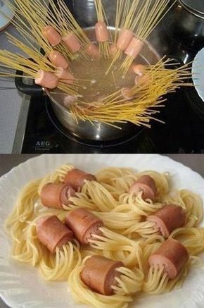 two pictures with spaghetti and hot dogs on them