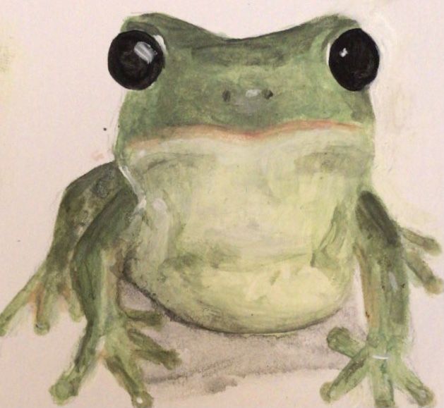 a drawing of a green frog with black eyes