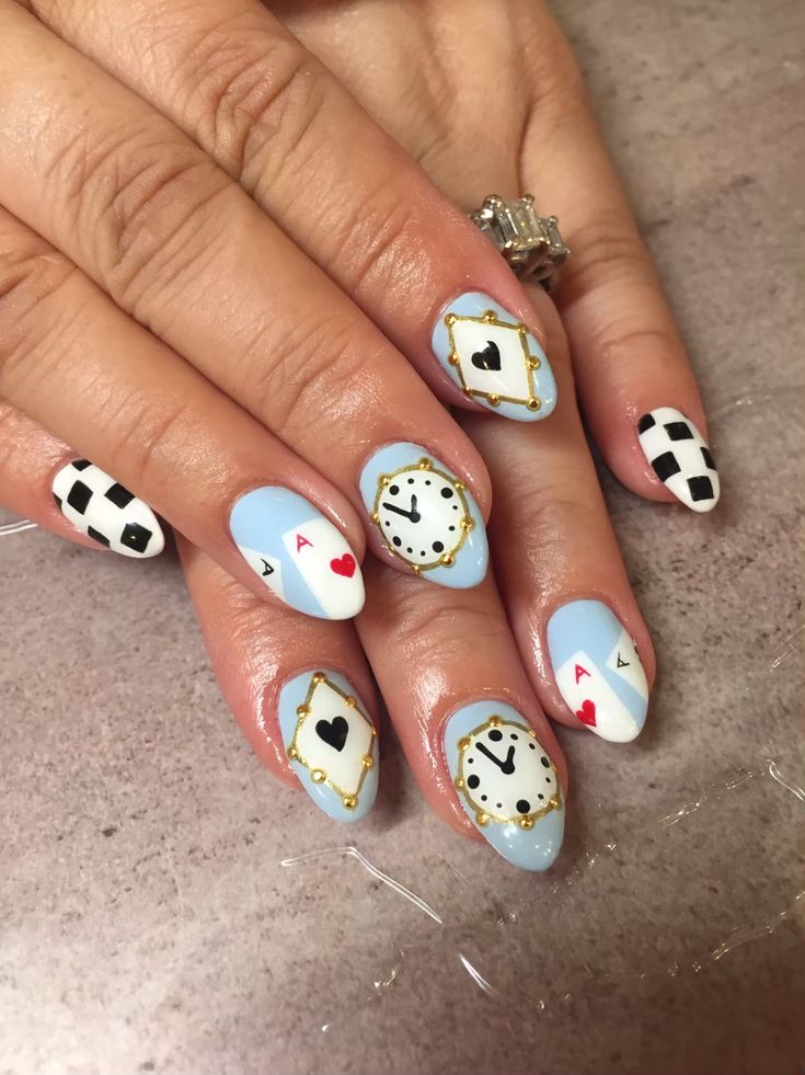 Alice In Wonderland Nails Designs Simple, Simple Alice In Wonderland Nails, Alice And Wonderland Nails Design, Alive In Wonderland Nails, Alice In Wonderland Nails Simple, Alice In Wonderland Nails Acrylic, Alice In Wonderland Nails Designs, Alice And Wonderland Nails, Mad Hatter Nails