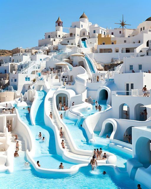 many people are swimming in a pool with white buildings on the hill behind them and blue water