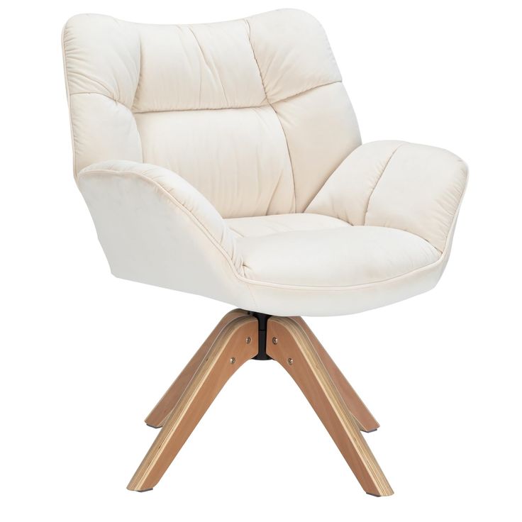 an upholstered white chair with wooden legs and a seat cushion on the back