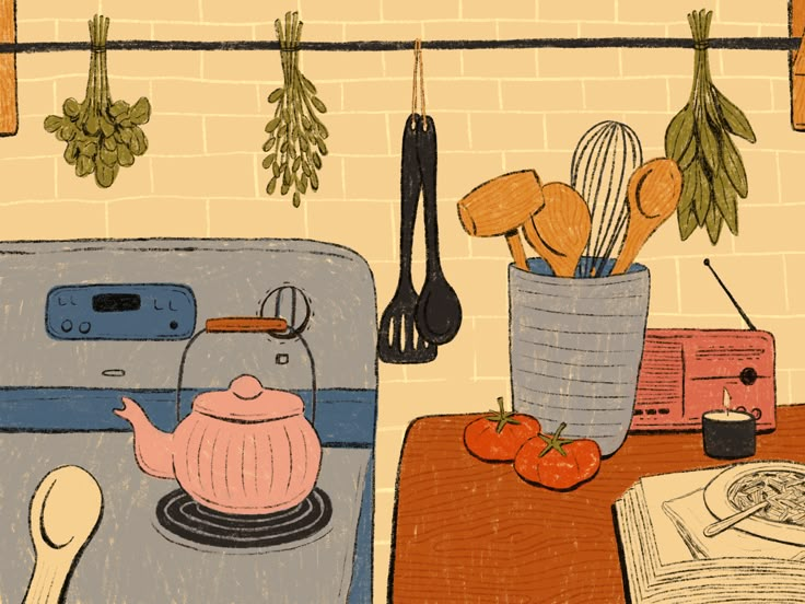 a kitchen scene with an oven and utensils