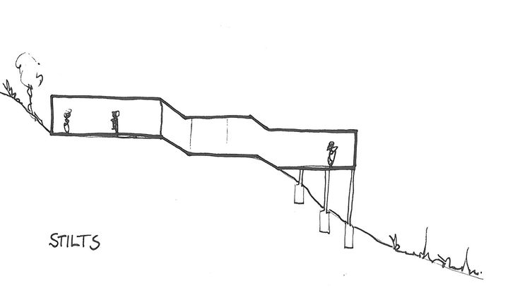 a drawing of people walking up the side of a hill with stairs on each side