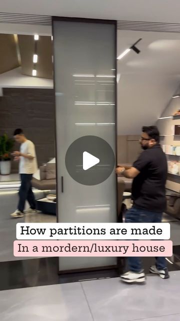 two men standing in front of a sliding glass door with the words how partitions are made in a modern / luxury house