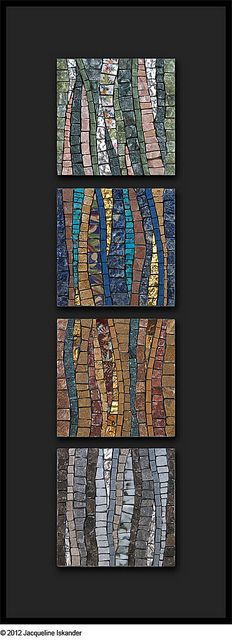 three pieces of stained glass with different colors and patterns on them, each depicting an individual's face