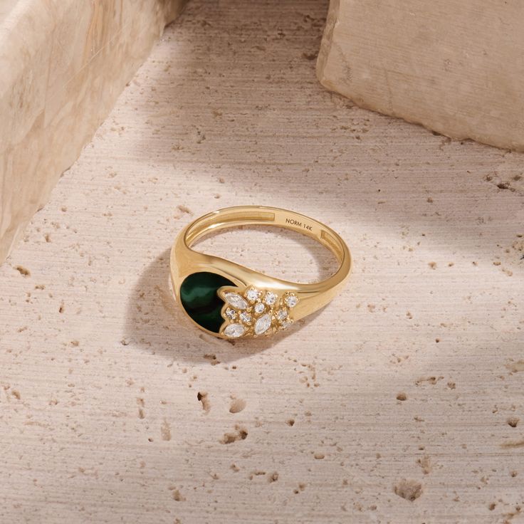 Immerse yourself in the allure of nature with our Green Enamel Blossom Signet Ring. This enchanting piece features a green enamel base, intricately paved with flower-shaped sparkling stones, creating a harmonious blend of elegance and botanical charm. Whether worn as a standalone statement piece or paired with other favorites, the Green Enamel Blossom Signet Ring is a celebration of natural beauty and a unique addition to your jewelry collection. - Made in 14k solid gold - Decorated with handset Emerald Signet Ring, Curve Ring, Tamil Wedding, Bezel Necklace, Vintage Aesthetics, Rings Collection, Bear Necklace, Signet Rings, Gold Decor