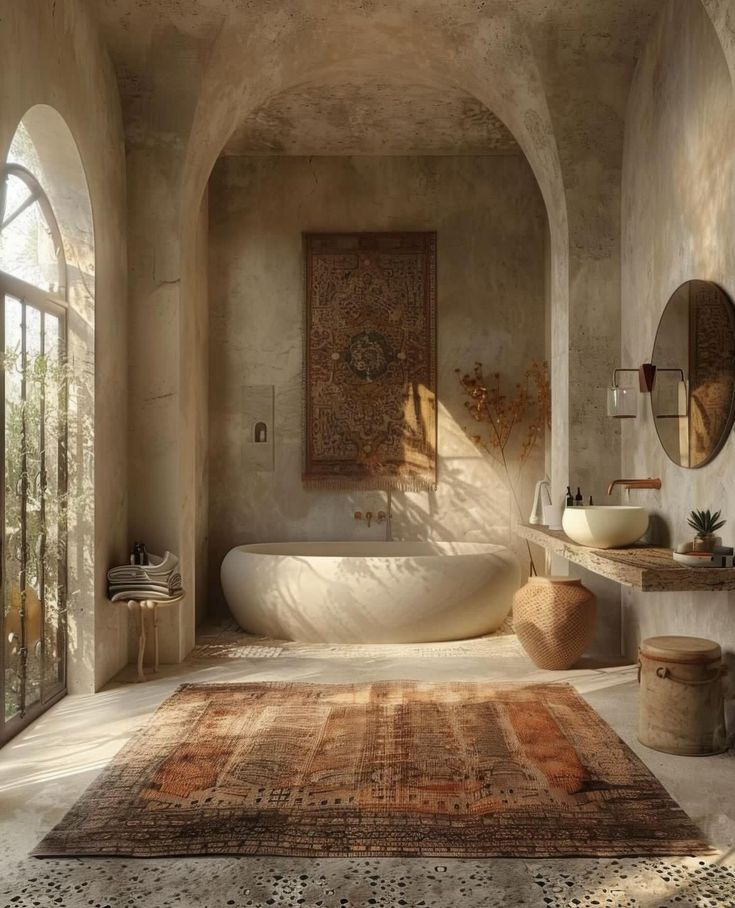 a bath room with a large rug on the floor next to a sink and tub