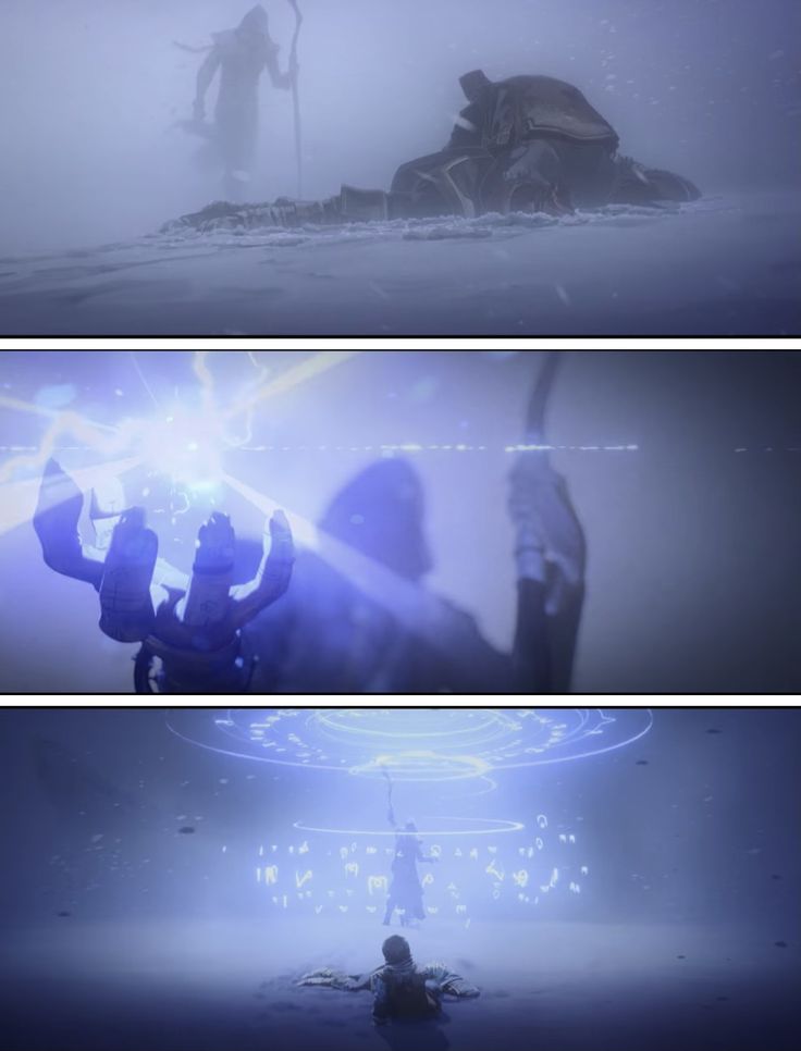 three different shots of people in the fog