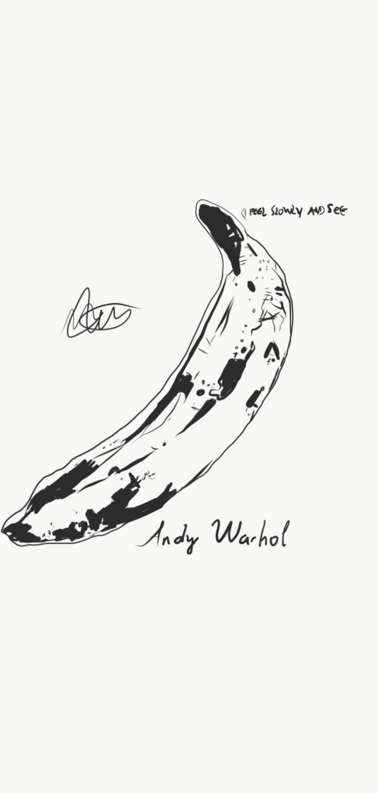 a black and white drawing of a banana with the words inky wahol written on it