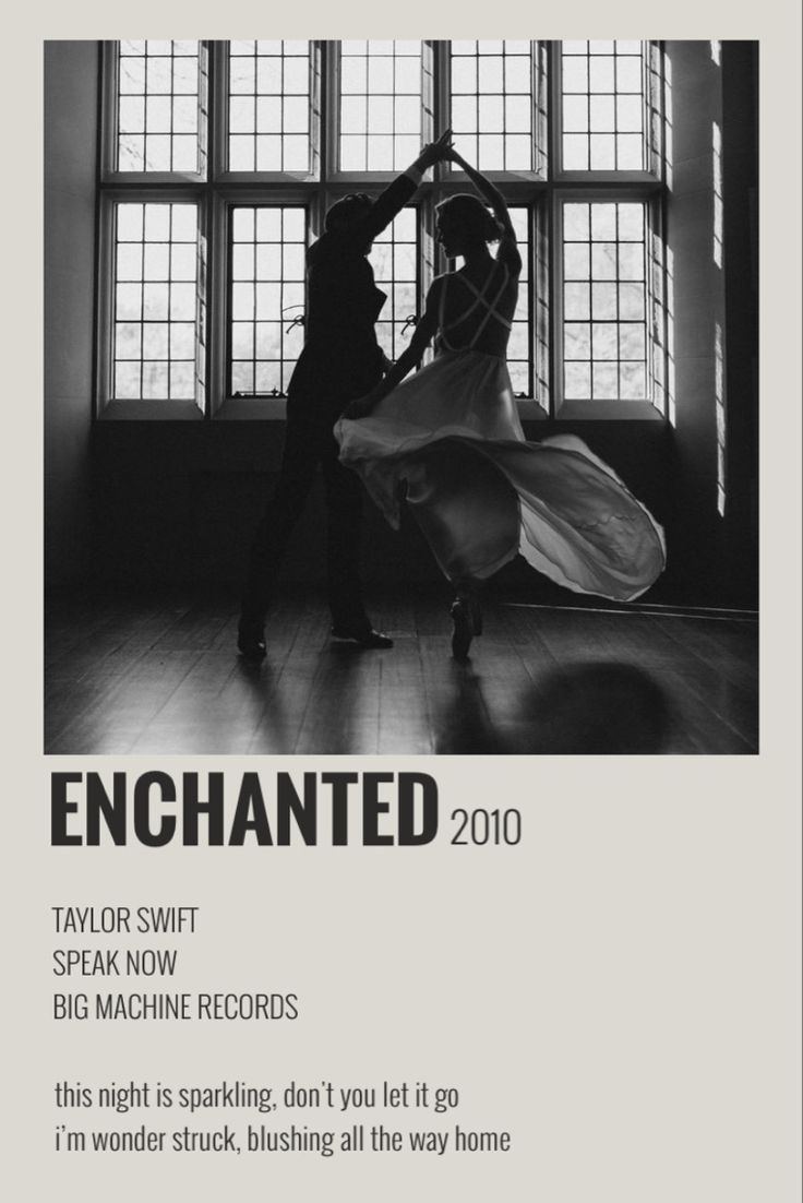 a man and woman dancing in front of a window with the words, enchanted 2010