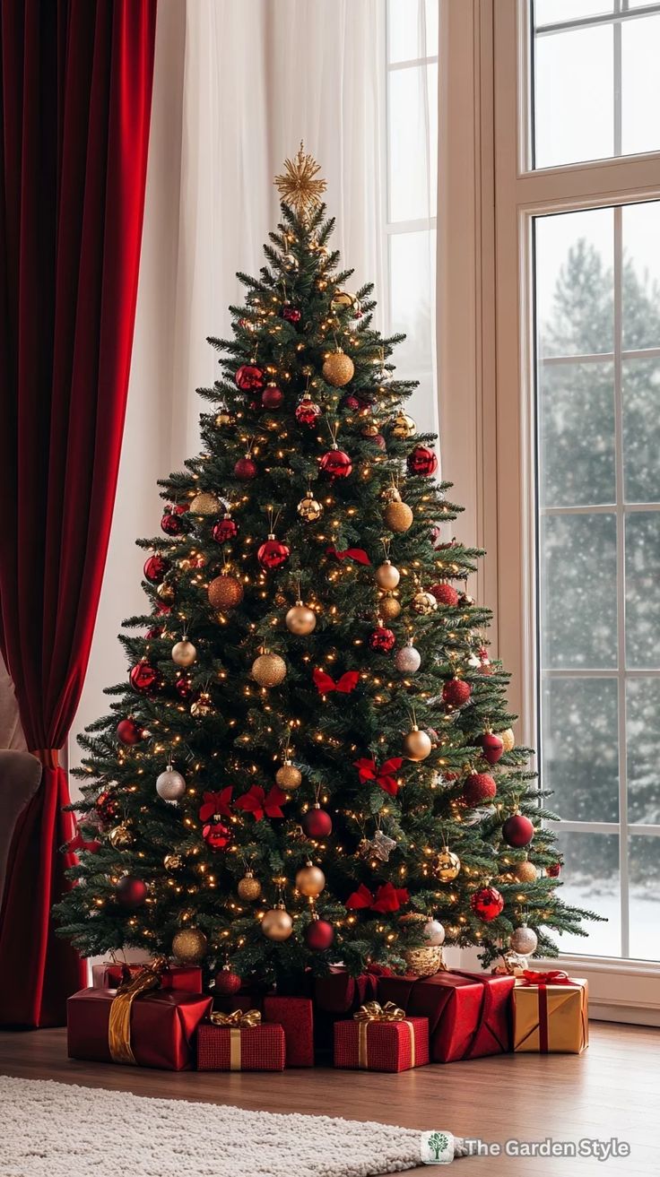 a decorated christmas tree in front of a window with red and gold presents under it