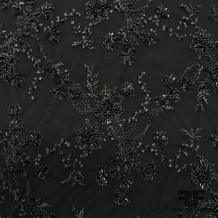 Couture Floral Beaded Netting - Black Content - Poly/Nylon Blend Color - Black Width - 45" Fabric Care - Dry Clean Only Not Reorderable Black Star Fabric, Luxury Black Embroidered Sequin Fabric, Luxury Black Embroidered Fabric With Motifs, Black Floral Fabric, Black Lace Aesthetic, Exam Moodboard, Gothic Moodboard, Embroidery On Black Fabric, Black Fabric Texture