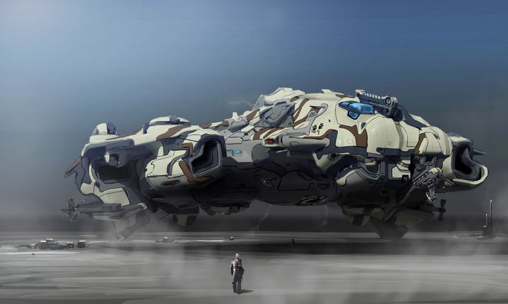 an artist's rendering of a futuristic vehicle on the ground with a man standing next to it