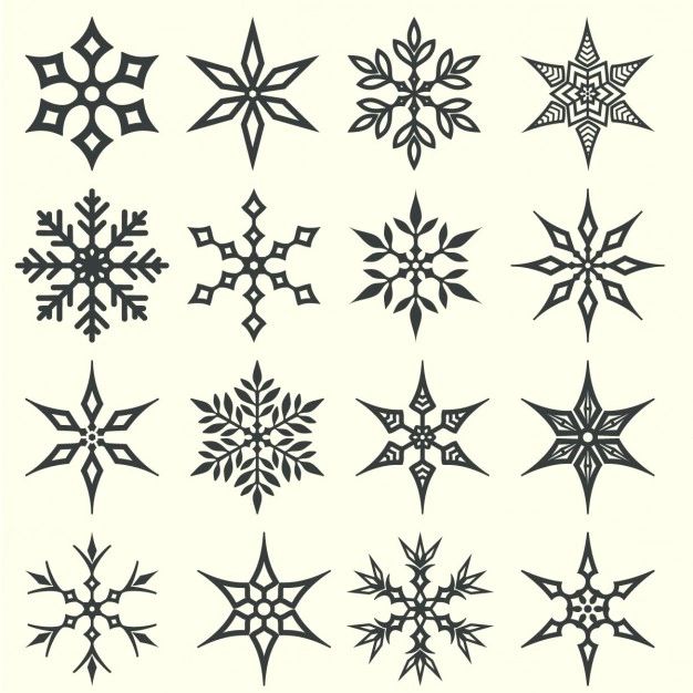 snowflakes are drawn in black and white on a white background, each with different shapes