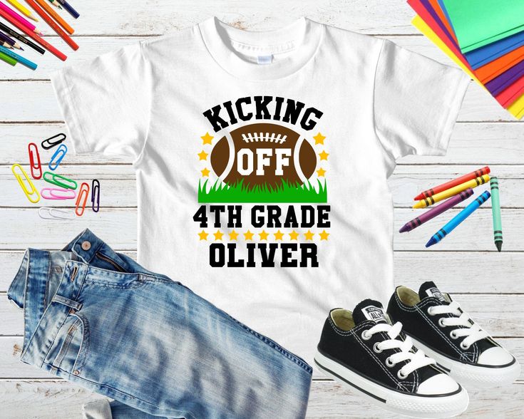 Personalized Football Boys 4th Grade Shirt Kicking Off 4th Grade Shirt Boys Fourth Grade Tee Football Back To School Tee First Day Of School Graduation Shirts For Family, Preschool Shirts, First Day Of Kindergarten, First Day Of School Shirt, Kindergarten Shirts, Kindergarten First Day, School Tees, Shirt Football, Personalized Football