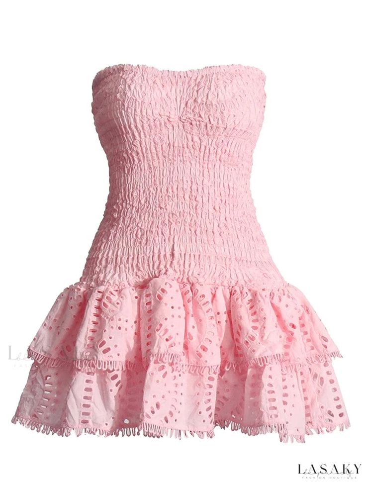 Sleeveless Ruffled Mini Dress in Sophia's Style Pink Strapless Sleeveless Dress For Spring, Strapless Ruched Sleeveless Dress For Summer, Pink Fitted Sleeveless Dress With Ruffles, Fitted Pink Sleeveless Dress With Ruffles, Strapless Ruffled Sleeveless Dress For Vacation, Pink Strapless Dress With Ruffle Hem For Spring, Ruffled Strapless Sleeveless Dress For Vacation, Ruffled Sleeveless Strapless Dress For Vacation, Pink Ruffled Strapless Dress For Brunch