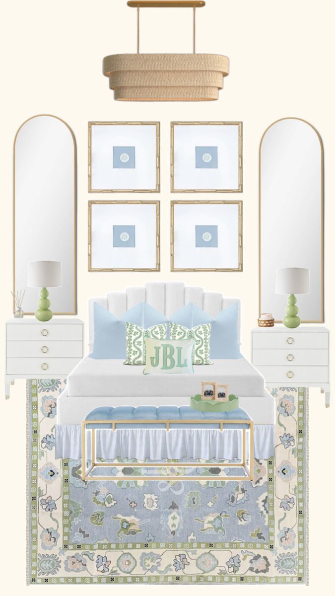 a bedroom with white furniture and mirrors on the wall, along with blue bedding