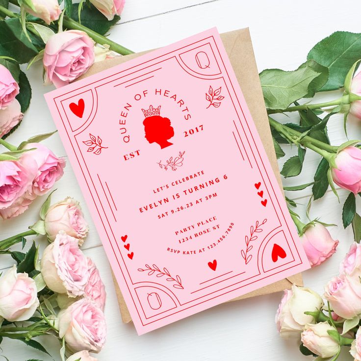 a pink card with red hearts on it next to some flowers and paper that says queen of hearts