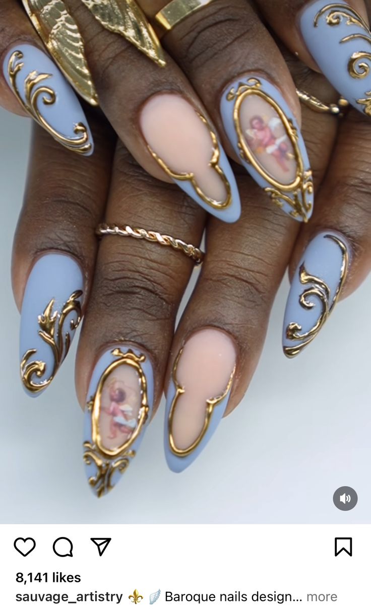 Angelic Nail Designs, Aura And French Nails, Ornate Nail Designs, Cute Nail Ideas With Charms, Cameo Nail Art, Medusa Nails Art, Birth Of Venus Nails, Angel Themed Nails, Cherub Nails Designs