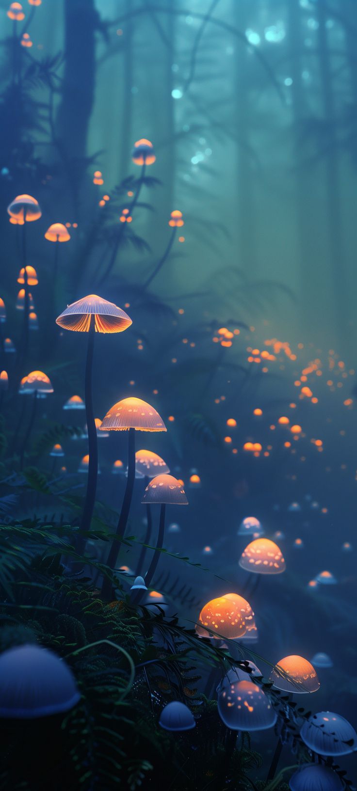 many glowing mushrooms in the forest at night